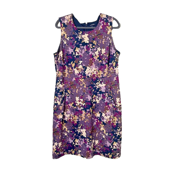 Lands End Sleeveless Floral Sheath Dress Pockets Purple Size 16 Stretch Office - Picture 1 of 9